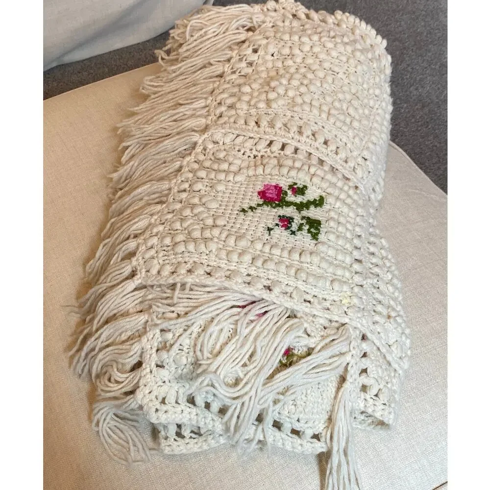 Handmade Grannycore Crochet Rose Ivory Throw Afghan Cottagecore, 50
